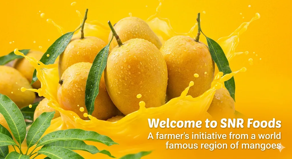 Fresh mangoes in a splash of mango pulp on a bright yellow background